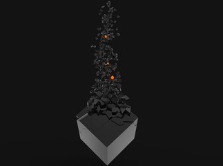 Abstract cube exploding into hundreds of little pieces