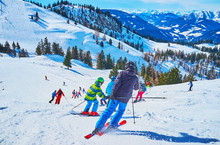 The Skiers On Snow Run, Zwieselalm Mountain, Gosau, Austria