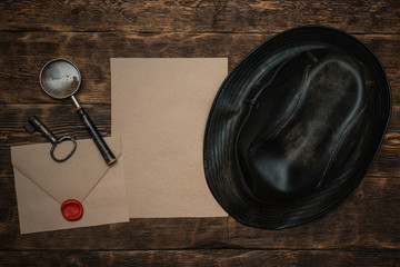 Wall Mural - top secret document mock up on a wooden table of secret service agent flat lay background.