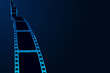 © Nick Julia - Realistic 3d Film reel stripe cinema on blue background with place for text. Modern 3d realistic film strip. Vector cinema festival. Movie template for backdrop, brochure, leaflet, poster, banner.