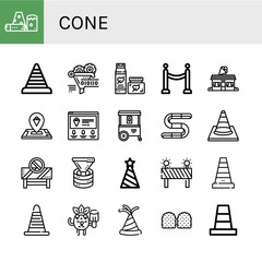 Sticker - Set of cone icons such as Obstacle, Cone, Funnel, Cream, Barrier, Ice cream shop, Ice cream, Ice cart, Gummy, Traffic cone, Party hat, Popsicle ,