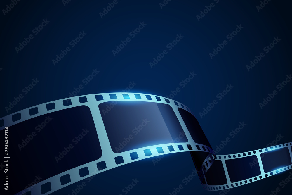 Realistic 3d Film reel stripe cinema on blue background with place for text. Modern 3d isometric film strip in perspective. Vector cinema festival. Movie template for backdrop, brochure, leaflet. - obrazy, fototapety, plakaty 