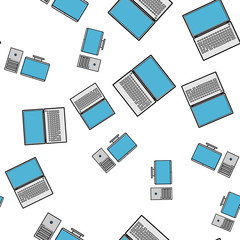 Poster - Seamless pattern, texture of modern powerful digital laptops and office computers with a monitor and a rectangular system unit, technology isolated on a white background