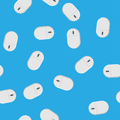 Poster - Seamless pattern, texture from modern digital wireless white two-button computer mice with a wheel, technology isolated on a blue background. Vector illustration