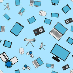Poster - Seamless pattern, texture from modern digital devices, gadgets, tablets, smartphones, mice, speakers, monitors, laptops, routers for internet, computer equipment on a blue background. Vector