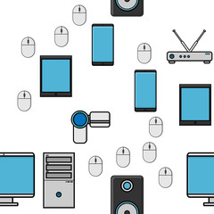 Poster - Seamless pattern, texture from modern digital devices, gadgets, tablets, smartphones, mice, speakers, monitors, laptops, routers for internet, computer equipment on a white background. Vector
