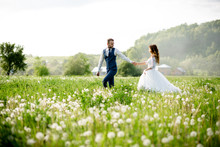 Wide Angle Shot Of A Bridal Couple Standing On A White Flowering Meadow