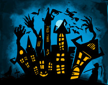 Happy Halloween. A Castle Of Horrors With Ghosts. Vector Illustration