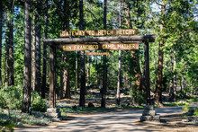 Entrance To Camp Mather, Managed By San Francisco Recreation & Parks Department; The Camp Is Located In The Forests Of Hetch Hetchy Area, Yosemite National Park, Sierra Nevada Mountains, California