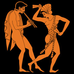 Wall Mural - Two ancient Greek characters. Dancing girl and yong man playing the flute. Vase painting style.