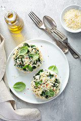 Wall Mural - Open sandwiches with spinach and crab meat on rice cakes