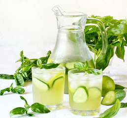 Sticker - cold drink with basil, cucumber and lime. Mojito, lemonade with basil.