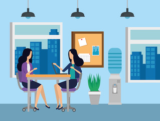 Wall Mural - businesswomen sitting in the chairs with desk and noteboard