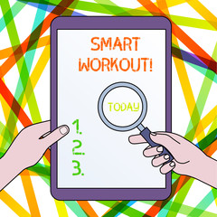 Poster - Handwriting text Smart Workout. Conceptual photo set a goal that maps out exactly what need to do in being fit Hands Holding Magnifying Glass Against Switched Off Touch Screen Tablet