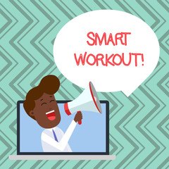 Poster - Word writing text Smart Workout. Business photo showcasing set a goal that maps out exactly what need to do in being fit Man Speaking Through Laptop into Loudhailer Blank Speech Bubble Announce