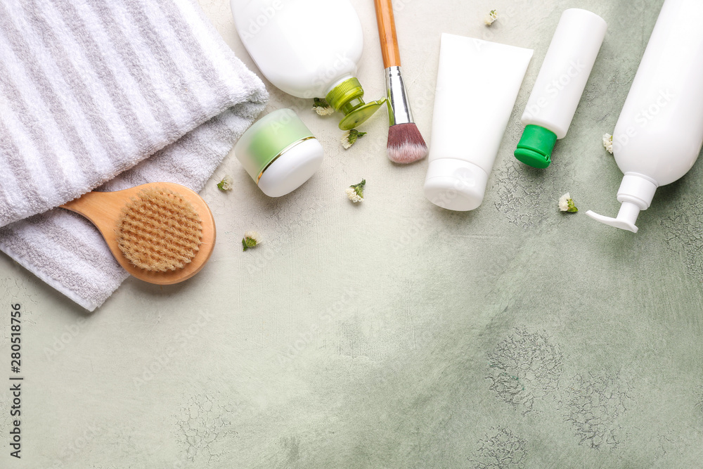 Set of cosmetic products on color background