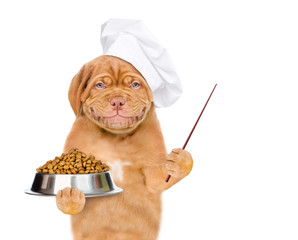 Poster - Smiling puppy in chef's hat holding bowl of dry dog food. isolated on white background