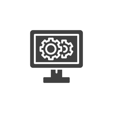 Service monitor with gear vector icon. Software development filled flat sign for mobile concept and web design. Computer setup glyph icon. Symbol, logo illustration. Vector graphics