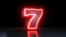 Lucky Seven Jackpot Symbol With Neon Red Lights Isolated On The Black Background - 3D Illustration