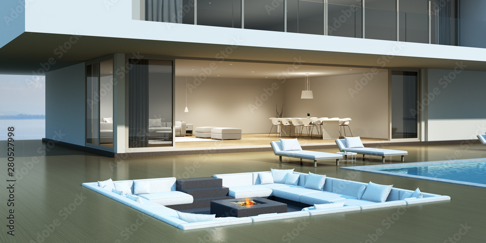 Perspective of luxury modern house with overflow swimming pool and sofa ...