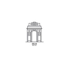 India Gate At New Delhi. 1920s Triumphal Arch And War Memorial. Line Art Vector Illustration.