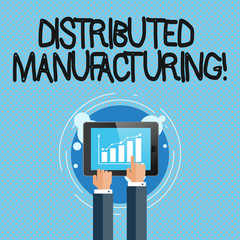 Poster - Conceptual hand writing showing Distributed Manufacturing. Concept meaning practiced by enterprises using network facilities Businessman Hand Touching to Bar Chart on Smartphone Screen