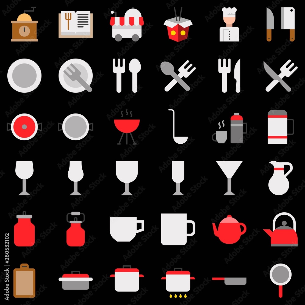 set of food and drink kitchen utensil flat icon. - obrazy, fototapety, plakaty 