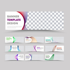 Poster - Big set of vector horizontal white web banners with wavy abstract color lines and photo labels.