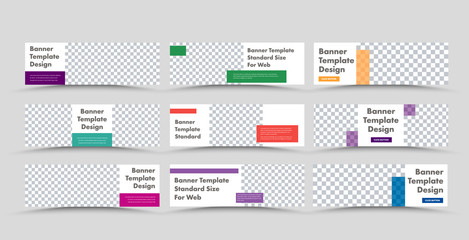 Poster - Set of vector white horizontal web banners with place for photo and rectangular color design elements.
