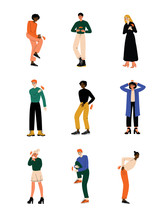 Different People Feeling Pain In Different Parts Of Body Caused By Illness Or Injury Set, Toothache, Headache, Backache, Pain In Arms, Legs, Shoulder And Chest Vector Illustration