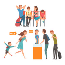Travelling People In Airport Set, Passengers Waiting For Flight At Terminal And Standing At Registration Desk Vector Illustration