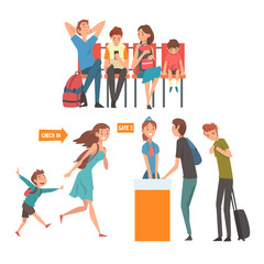 Sticker - Travelling People in Airport Set, Passengers Waiting for Flight at Terminal and Standing at Registration Desk Vector Illustration