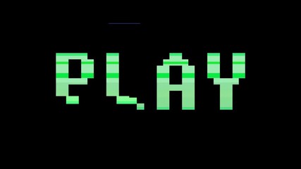 Poster - Retro videogame. PLAY text words on old tv glitch interference screen. Colour bars with glitch interference and distortion. Vintage pixel art style video game cartoon animation.