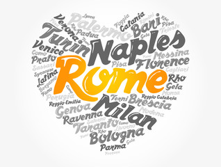 Wall Mural - List of cities and towns in Italy composed in love sign heart shape, word cloud collage, business and travel concept background