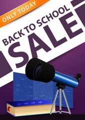 Wall Mural - Back to school sale, purple vertical discount banner with telescope, map of the constellations and the encyclopedia of astronomy