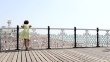 Young Child On A Beach Side Pier Looking Over As Seagulls Fly Around Her