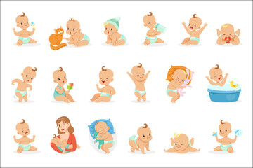 adorable happy baby and his daily routine series of cute cartoon infancy and infant illustrations