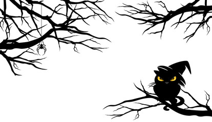 Wall Mural - black witch cat sitting on bare tree branches - halloween theme page corner decor set