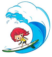 Boy surfing on a wave in summer