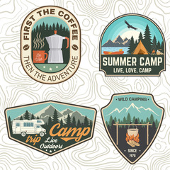 set of camping and caravanning club badges. concept for shirt or logo, print, stamp, patch or tee. v