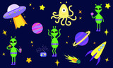 Fototapeta Dinusie - Vector illustration. Cute, cartoon set with aliens, rockets, stars, ufo, planets. Dark blue background. 