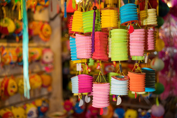 Colorful tradition lantern at chinatown lantern market in saigon, Vietnam. Beautiful Chinese lanterns and Many kind of tradition lanterns hanging on street market in mid autumn festival. 