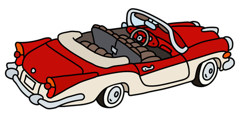 Wall Mural - The vectorized hand drawing of a funny old red and white american convertible