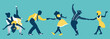 Group of people dancing  lindy hop or boogie woogie. Men and women in 1940s or 1950s style performing swing. Vector illustration in trendy colors.