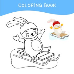 Poster - Coloring book for children. Cartoon cute hare sledding. Winter illustration.