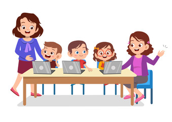 Wall Mural - kids learning computer with teacher