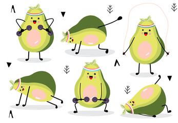 Wall Mural - Funny avocado object collection with leaf,avocado exercise,geometric.