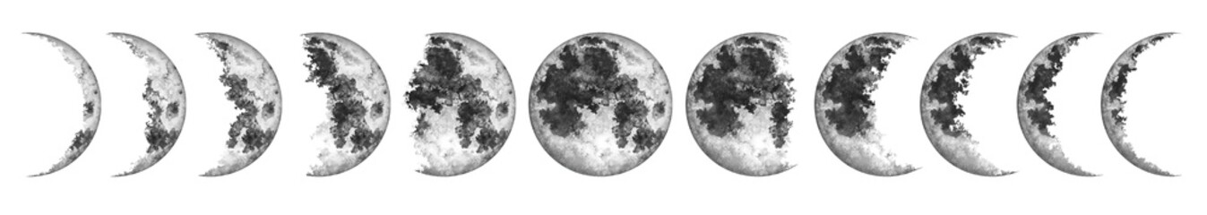 Wall Mural - Moon phases isolated on white background. Watercolor hand drawn illustration.
