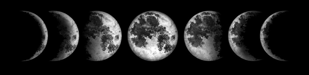 Wall Mural - Moon phases isolated on black background. Watercolor hand drawn illustration.