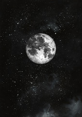 Wall Mural - Night sky with full moon and stars. Watercolor hand drawn illustration.